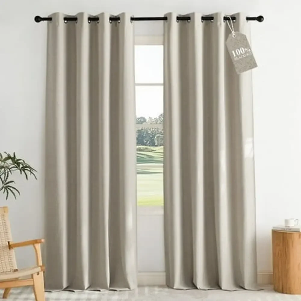 BRAND NEW 2 Panels Full Blackout Beige Thermal Insulated Grommet Curtains 52x90